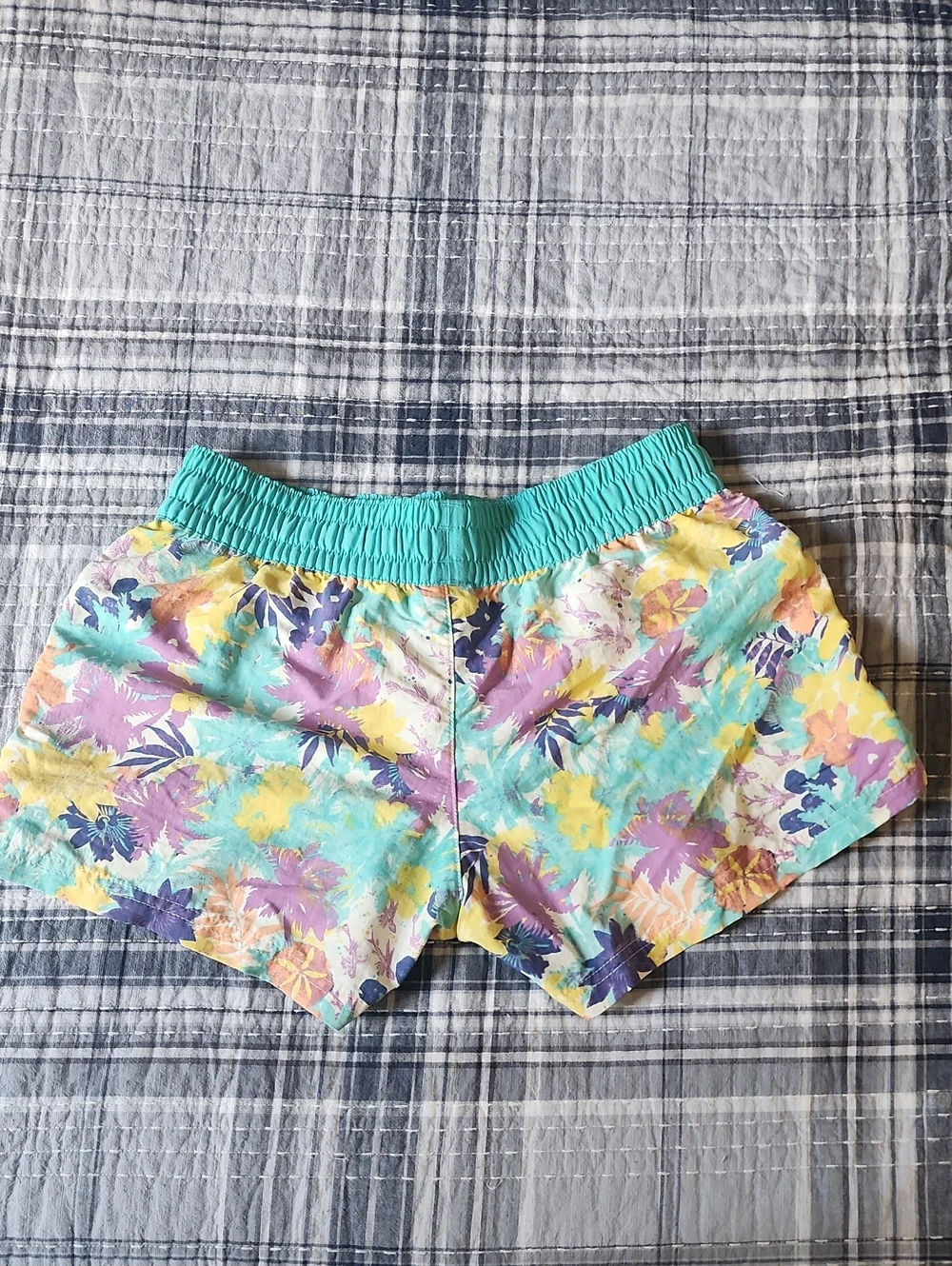 Patagonia Teal Floral Swim Shorts with Yellow & Purple Accents